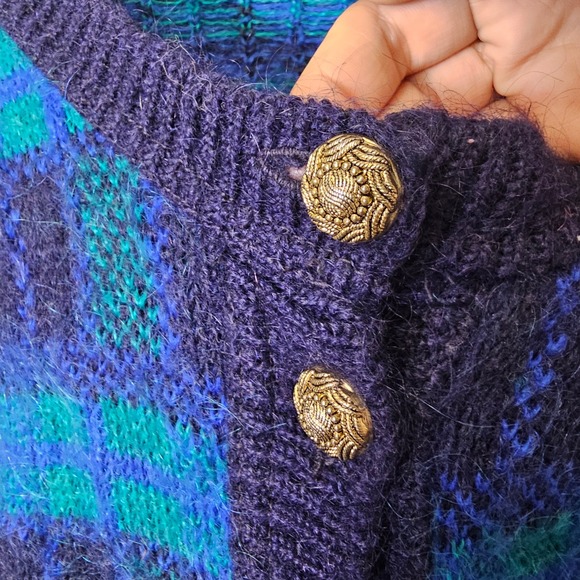 VTG Pitlochry L Mohair Blend Cardigan Blue Plaid Old Money Heritage Preppy UK - Picture 5 of 10